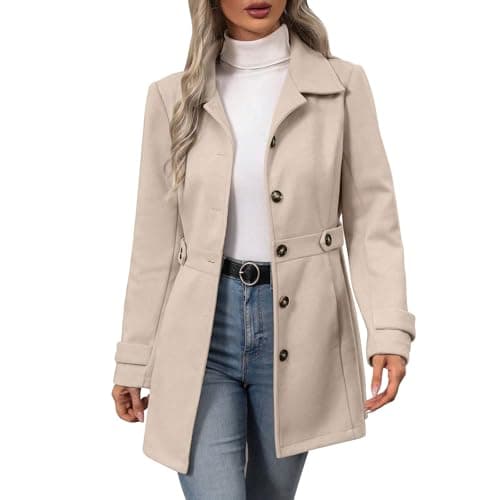 Image of TURWXGSO Pea Coats for Women UK Elegant Casual Women's Winter Overcoat Mid-Long Lapel Collar Single Breasted Coat Warm Outerwear Slim Fit Tailored Blazer with Pockets Belt