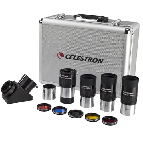Image of Celestron 94305 2 inch Eyepiece & Filter Kit, 12 piece - Includes 2" Mirror Diagonal, Diagonal Adapter, 3 x E-lux 2" Eyepieces, 2X Barlow Lens, 5 Coloured Flters and Aluminium Hard Case, Silver