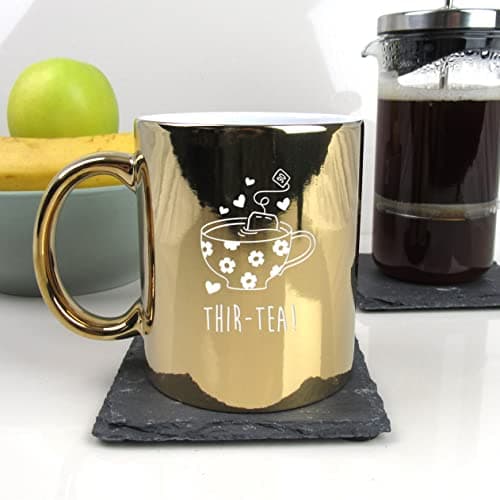 Image of eBuyGB Engraved Metallic Shiny Gold Coffee Mug -THIR-Tea Design - 350ml Tea Cup, 30th Birthday Gifts for Women, Her - Thirtieth Birthday Gift for Mum, Friend, Sister, Auntie