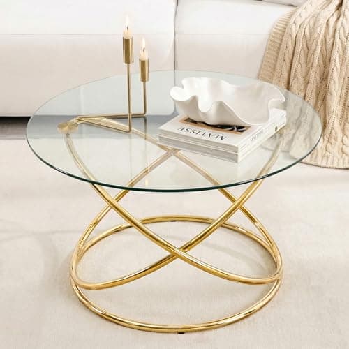 Image of WOOW DEPOT Modern Round Coffee Table with Metal Ring Base, 80CM Tempered Glass Top, Gold Coffee Tables for Living Room Bedroom Office (Gold)