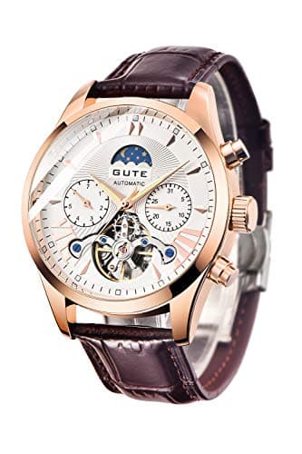 Image of Gute Mens Watches Chronograph Men Designer Automatic Mechanical Skeleton Wrist Watches Leather Watches Self Winding with Week Function