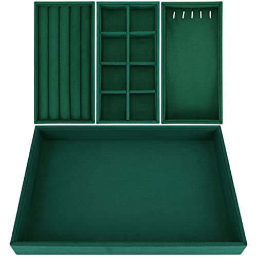 Image of Belle Vous 4 Pack of Green Velvet Stackable Jewellery Organiser Storage Trays - 35.3 x 24.2cm/13.89 x 9.52 Inches - Drawer Display Boxes - Removable Sections for Necklaces, Rings, Bracelets & Earrings