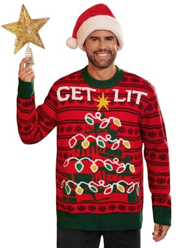 Image of Mainfini Adult Xmas Sweater Hilarious Christmas Lights Strings Jumper Long Sleeve Festive Red Knitted Pullovers XXL
