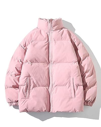 Image of SANSIWU Men's Puffer Jacket Solid Color Stand Collar Long Sleeve Zipper-Up Parka Jacket Fall Winter Warm Thicken Padded Coat Outerwear (A-Pink, XXXL)