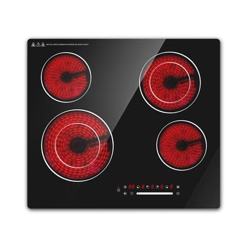 Image of Borrallio 60cm Ceramic Hob 6700W, Built-in 4 Burners Electric Hob, 4 Zone Electric Hob with Touch Control, Timer, Child Lock, Black Glass Panel, No Plug Included