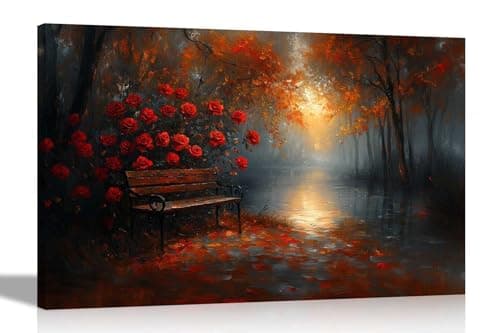 Image of Artley Prints - Rose Flower with Bench in Autumn Park Canvas Prints Wall Art Pictures Home Living Room Bedroom Artwork 51 x 35cm (20 x 14 inches)