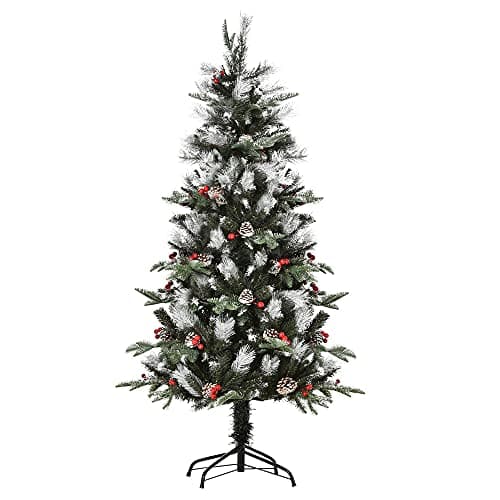 Image of HOMCOM 5FT Artificial Snow Dipped Christmas Tree Xmas Pencil Tree Holiday Home Party Decoration with Foldable Feet Red Berries White Pinecones, Green