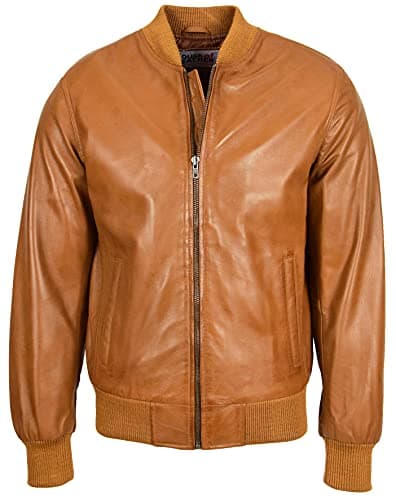 Image of Mens Real Leather Bomber Jacket MA-1 Varsity Style Ryan (UK, Alpha, M, Regular, Regular, Tan)