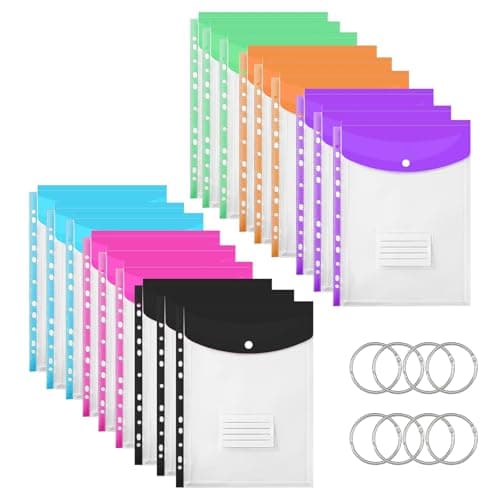 Image of Multicolor Punched Pockets A4 Wallets, 18 Pack 11 Holes Expandable Binder Pocket A4 Punched Pockets with Button,Tab Card, and 8 Binders, Binder Pocket for School, Office, Home, Travel