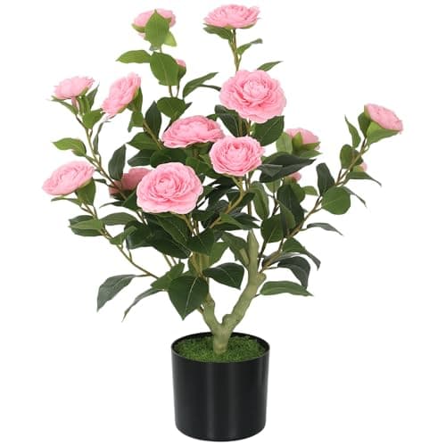 Image of HOMCOM 65cm Artificial Camellia Flower Plant in Pot, Realistic Silk Flowers with 116 Lush Leaves & Moss Effect, Faux Tree for Outdoor Indoor Garden Porch Decor, Pink