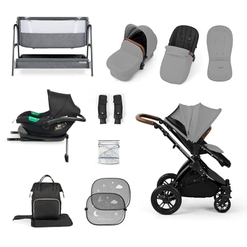 Image of Get More for Less! Ickle Bubba Stomp Luxe 14-Piece Travel System Bundle with i-Size Cirrus Car Seat & ISOFIX Base, Bubba&Me Crib, Pushchair, Footwarmers, Rain Cover & More (Black/Pearl Grey/Tan)