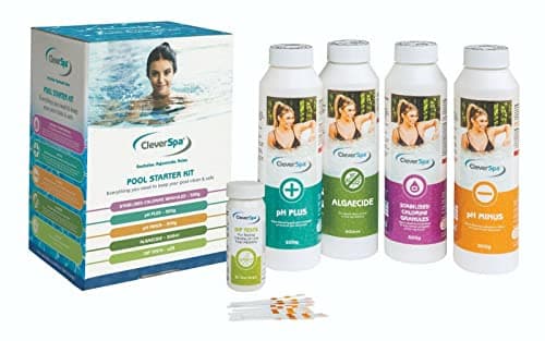 Image of CleverSpa Universal Outdoor Pool Water Natural Chemical Starter Kit with Stabilizing Granules, Algaecide, pH Minus, pH Plus, and Dip Tests, (5 Pack)