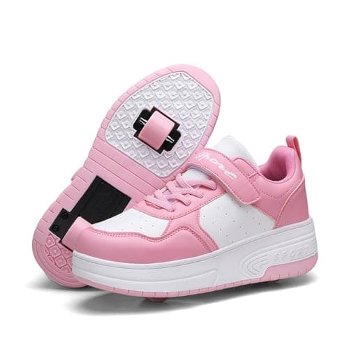 Image of Mateju Kids Roller Skate Shoes for Girls Boys, Pink Skateboarding Skates with 2 Wheels Parkour Shoes Unisex Retractable Skating Sneakers Shoes for Children Adult Park Sports Walking 12.5 UK Child