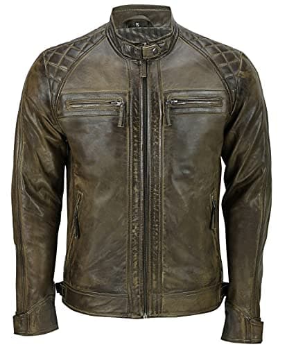 Image of Men's Vintage Brown Leather Retro Jacket Classic Racing Quilted Biker Moto Fashion Jacket XL
