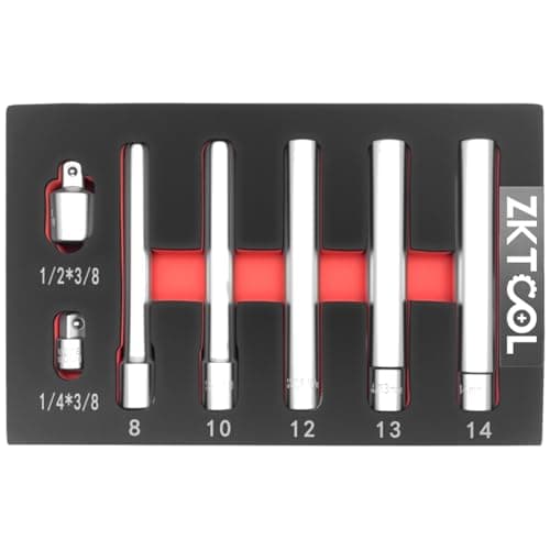 Image of ZKTOOL 7PCS 3/8" Extra Deep Impact Socket Set, 8MM 10MM 12MM 13MM 14MM, Hexagon Socket, Extra Long Deep 120MM, with 1/2'' and 3/8'' Adapters