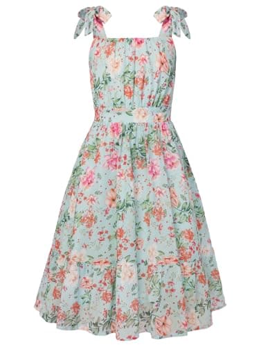 Image of GRACE KARIN Girl's Square Neck Chiffon Dress with Adjustable Straps, A-Line Casual Summer Floral Dress Pink Green Print 8 Years