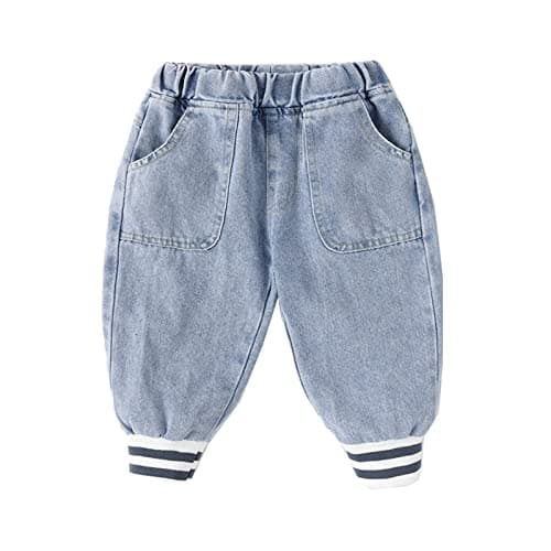 Image of Baby Jeans Jogger Pants Toddler Boy Girl Elastic Waist Denim Jeans with Pocket Bottom Pants Trousers Sweatpants Patchwork Striped Jeans Pants (Light Blue-1, 3-4 Years)