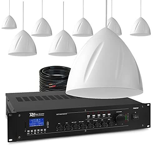 Image of Power Dynamics Hanging Pendant Speaker System Public Address PA Kit - 8 x 5.25" White Speakers, 240W Mixer Amplifier, Bluetooth, Zoned Audio for Warehouse, Retail, Church, Restaurant Installations