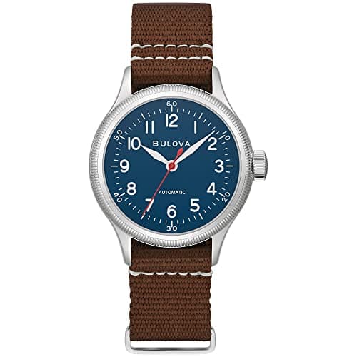 Image of Bulova Men's Military A11 Stainless Steel 3-Hand Hack Automatic Watch, Brown Leather Strap and Blue Dial Style: 96A282, Silver, Automatic Watch