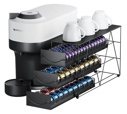 Image of HFHOME Coffee Pod Holder Drawer for 90 Nespresso Vertuo Pods, 3 Tier Nespresso Pod Organizer, Metal Coffee Capsules Storage Stand with Sliding Drawers for K Cup - Home Kitchen Cafe Counter, Black