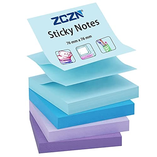 Image of ZCZN Pop-up Sticky Notes 76 x 76 mm, 4 Pads Assorted Colours Self-Stick Notes, 100 Sheets/Pad, (Blue, Light Blue, Purple, Light Purple)