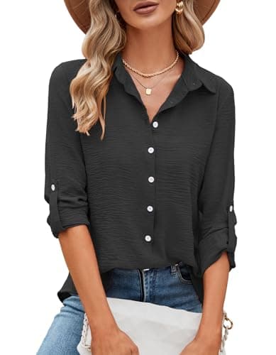 Image of Odosalii Tops for Women UK 3/4 Sleeve Button Up Shirt, Business Casual Top Office Work, Collared V Neck Blouses with Rolled Sleeves, Longline Funeral Outfit, Beach Summer Clothes Black Size 18-20
