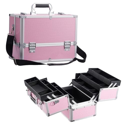 Image of Stagiant Extra Large Makeup Case Vanity Case Make up Organiser Professional Makeup Storage Cosmetic Organiser Case Lockable Storage Box Nail Polish Organiser 6 Trays and Shoulder Strap, Pink