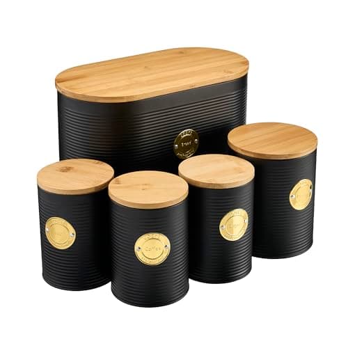 Image of Cooks Professional 5 Piece Ribbed Tea Coffee Sugar Bread & Biscuit Cannisters with Air-Tight Bamboo Lids | Stainless Steel Kitchen Storage Bin Set | Modern & Stylish | Black & Gold