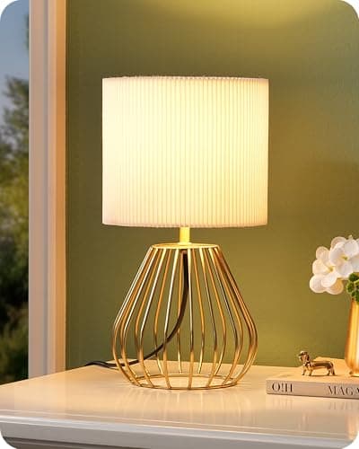Image of EDISHINE Table Lamp, Gold Water Droplet Shaped Metal Cage Base & Cream Coloured Pleated Lampshade, E14 Socket, 60W Bedside Lamp for Bedroom, Living Room, LED Bulb Included, 29CM