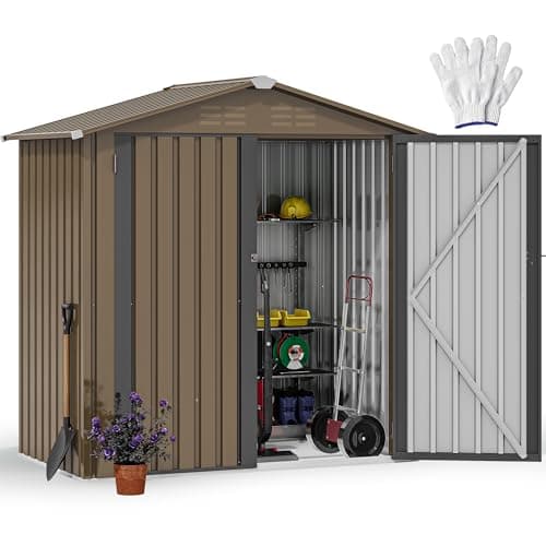 Image of DWVO 6x4 FT Metal Garden Shed, Outdoor Storage Shed with Lockable Door & Sloping Roof, Galvanised Steel Tool Shed for Backyard, Patio, Garden,Weatherproof,Weatherproof, Brown