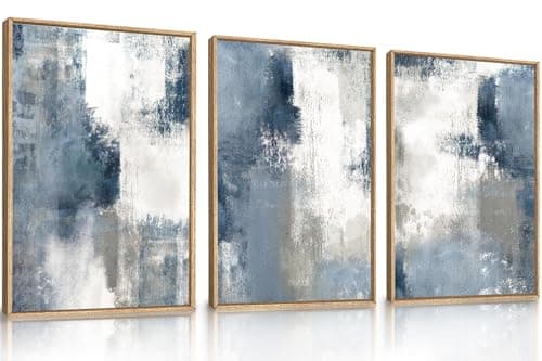Image of CHDITB 3pcs Large Abstract Brush Strokes Framed Canvas Wall Art Set,Navy Blue Gray Wall Decor,Modern Color Block Shape Artwork,Minimalist Neutral Blue Pictures for Living Room Bedroom Office(40x60cm)