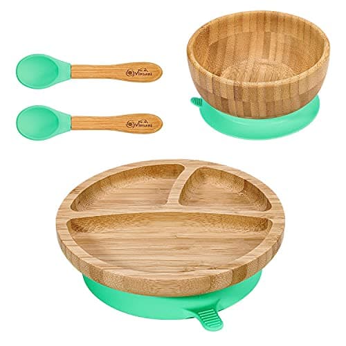 Image of Vinsani Bamboo Bowl, Round Plate and Spoon Set for Baby/Toddler, Suction Plate, Stay-Put Design, Hypoallergenic and BPA-Free (Green)