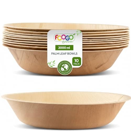 Image of FOOGO Green 10pcsDisposable Palm Leaf Serving Bowls, 12"(30cm), 67.6oz (2000ml), Deep Round, Biodegradable Compostable, for Salad, Wedding Party, Like Wooden, Bamboo and Paper Bowls