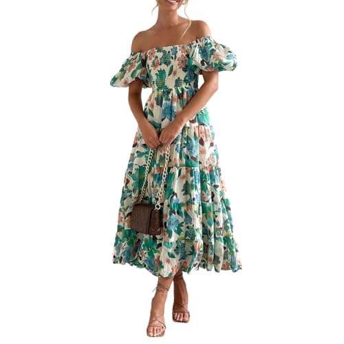 Image of Women's Casual Flowy A-line Midi Dress with Puff Sleeves for Daily Wear Spring Summer Autumn, Green, XL