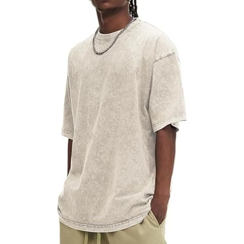 Image of Men's Crew Neck Cotton T-Shirt - Short Sleeve Casual Summer Beach Oversized Retro Streetwear Acid Wash Tees Smart Work UK