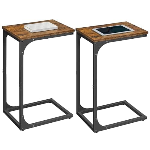 Image of VASAGLE Set of 2 C-Shaped Side Table, Bedside Table, Sofa Side Table, Coffee Table, with Metal Frame, Industrial, for Living Room, Bedroom, Rustic Brown and Black LET354B01