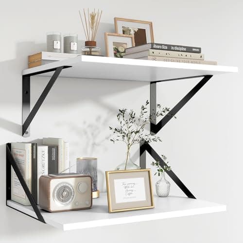 Image of Feihorrm Floating Shelves Set of 2, 40 x 30 cm Deep Shelves for Wall, White Wooden Book Shelf with Metal Brackets, Shelf for Living Room Bedroom Kitchen Bathroom Office
