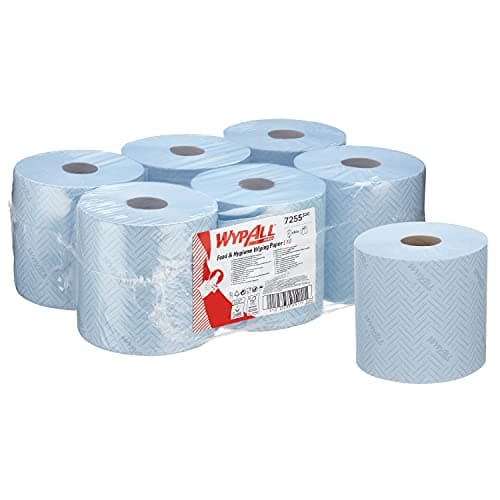 Image of WypAll L10 Food & Hygiene Wiping Paper 7255-1 Ply Centrefeed Blue Roll - 6 Centrefeed Rolls x 800 Paper Wipes (4,800 Total)