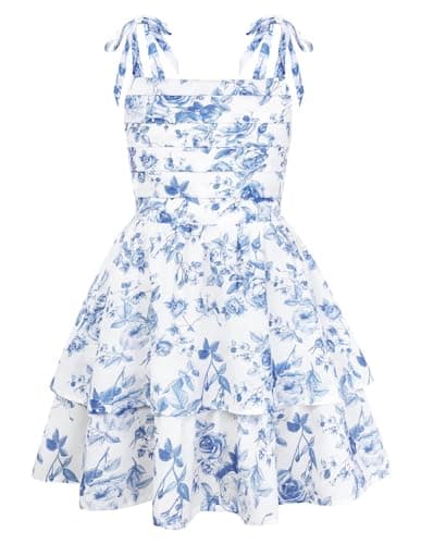 Image of GRACE KARIN Girl's Casual Summer Floral Dresses Sleeveless Flared Ruched Beach Sundress Age 7-14 Years Blue Rose 10 Years