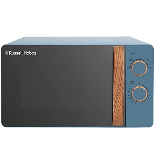 Image of Russell Hobbs RHMM713BL 17 L 700 W Scandi Compact Blue Manual Microwave with 5 Power Levels, Wood Effect Handle & Dials, Timer, Defrost Setting, Easy Clean