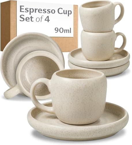 Image of Cosumy Espresso Cups Set of 4 with Saucers White – 90 ml Ceramic Coffee Mug Set – Thick Stoneware Keeps Drinks Warm – Espresso Cup and Saucers for Expresso, Lungo – Elegant Small Coffee Cups