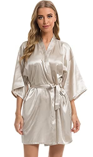 Image of Vlazom Women's Kimono Robes Dressing Gown Satin Bathrobe Nightdress Short Style Bridal Robe with Oblique V-Neck Champagne,S