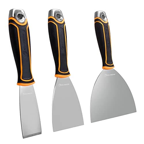 Image of ROLLINGDOG Wallpaper Scrapers - Paint Scraper Tool Putty Knife Set with Rubber Handle, Hammer End for Filling, Jointing,Taping (1.5" Stiff,3" & 6" Flexible)