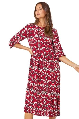 Image of Roman Originals Abstract Print Tiered Smock Midi Dress for Women UK - Ladies Everyday Autumn Winter Round Neckline Comfy Soft Evening Vacation Work Party Night Out - Red - Size 10