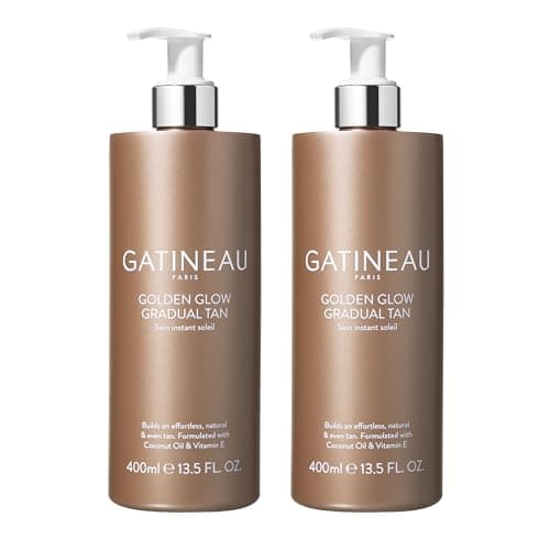Image of GATINEAU Golden Glow Gradual Tan - 400ml x2, Self Tan Lotion + 2 in 1 Body Moisturiser, Quick Dry Easy Application, Coconut Oil & Vitamin E, Buildable Natural Tan, Dermatologist Tested & Cruelty Free