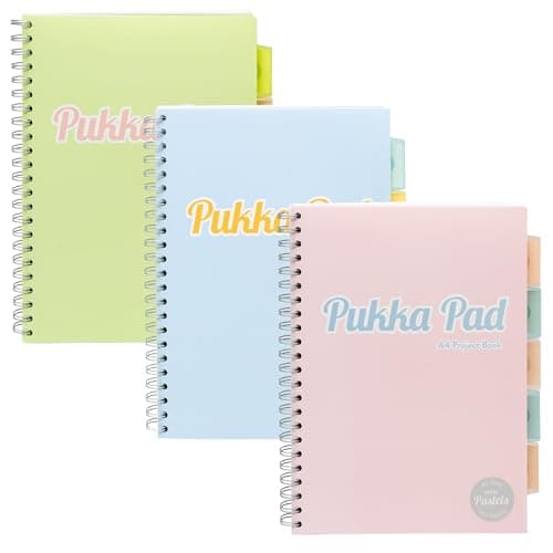 Image of Pukka Pad Pastel A4 Project Books – Pack of 3 Twin Wire Bound Notebooks with Repositionable Dividers & 200 Pages, 100 Sheets of 80GSM Perforated Paper with 8mm Feint Ruled Lines – Pink, Blue, & Green