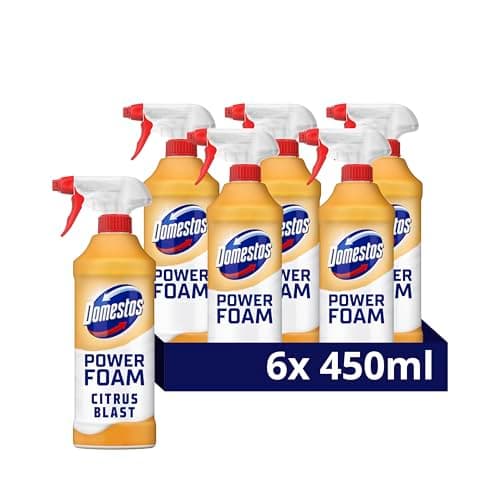 Image of Domestos Power Foam Citrus Blast Upside Down Spray bleach-free toilet & bathroom cleaner eliminates 99.99%* of germs 6x 450 ml