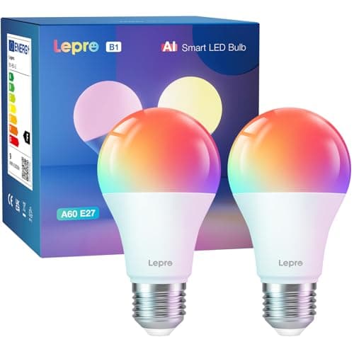 Image of Lepro AI Smart Bulb E27, Music Sync WiFi Bulb, Voice Control Smart Screw Bulb, Colour Changing Light Bulbs, Work with Alexa & Google Assistant, Personalized AI Lighting Designer, 2 Packs