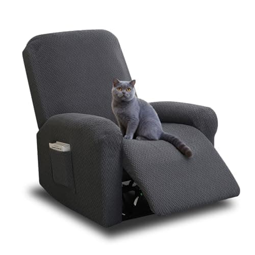 Image of GANILITY Jacquard Recliner Chair Cover, 4 Piece Recliner Sofa Cover, All Inclusive Stretch Armchair Covers, Split Set Sofa Covers with Pockets, for TV Armchairs and Reclining Armchairs (Dark Grey)