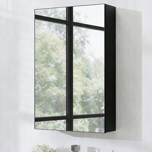 Image of Panana Single Door Bathroom Mirror Cabinet, Wall Mounted Cabinet with Mirror, Storage Cupboard with Adjustable Shelf (Black, 40 x 60 x 13 cm)